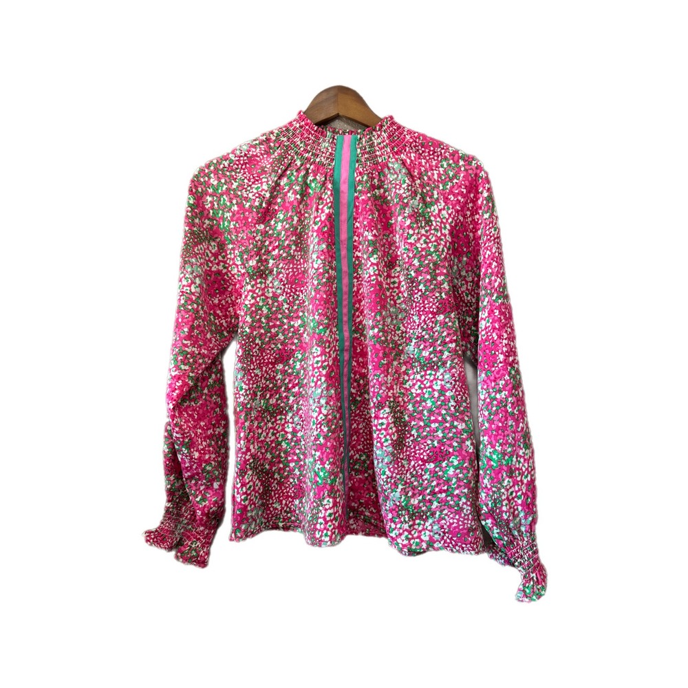 THML Blouse Womens Medium Pink Floral NEW Smocked Neck Long Sleeve Top